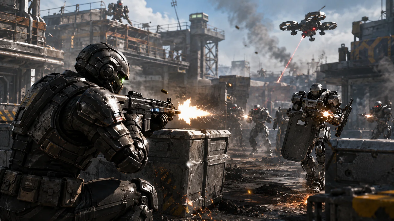 Armored sci-fi soldier fighting enemy units in an industrial warzone
