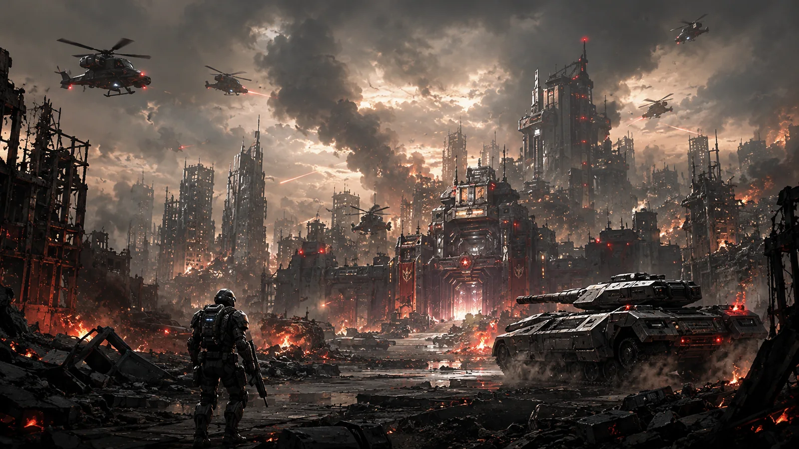 Ruined military city with armored soldier, tank and helicopters